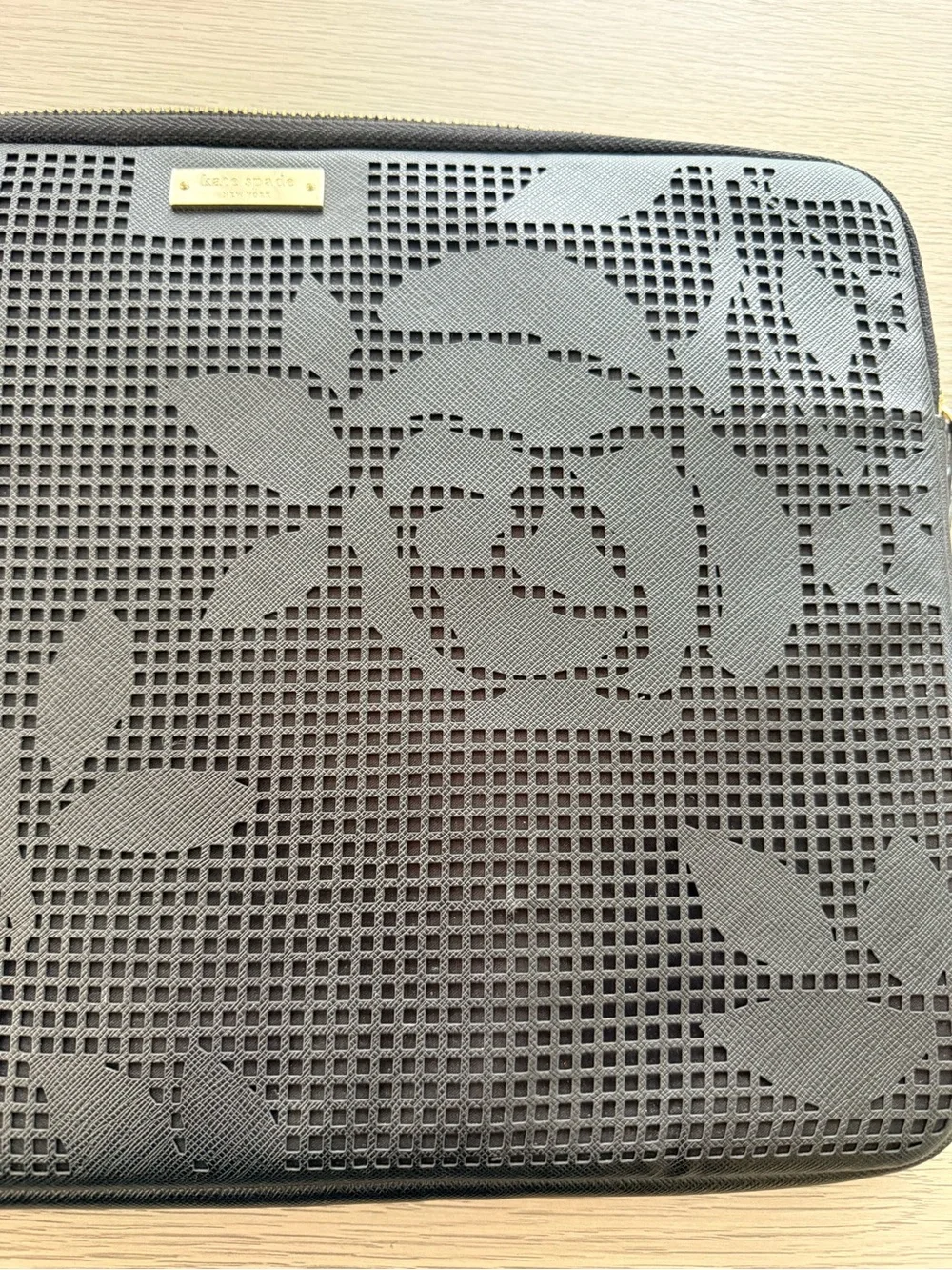 kate spade Black Floral Perforated Laptop Sleeve with Gold Logo